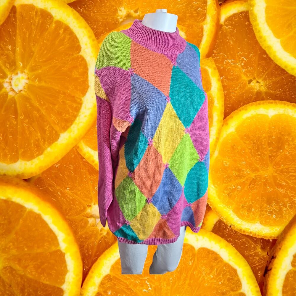 Santoria Women's 90s Multicolor Diamond Colorblock Crew Neck‎ Sweater Size M